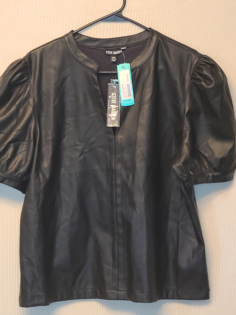 Steve Madden Black Faux Leather Puff Sleeve Top